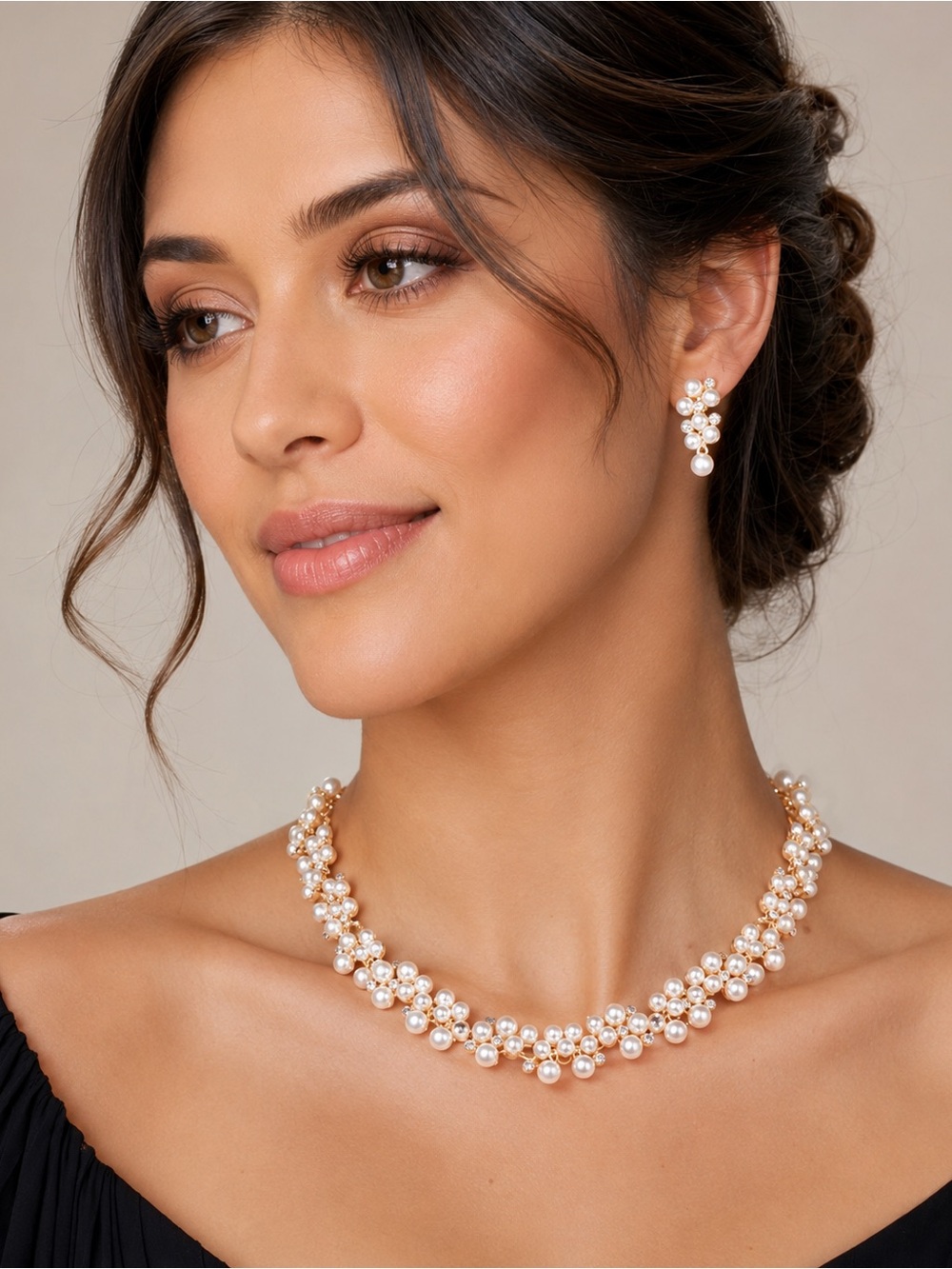 Pearl Cluster Necklace and Drop Earrings set - Ivory and Gold